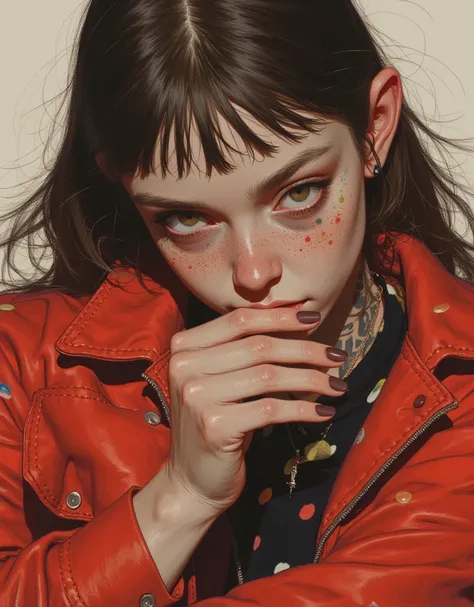 "Conceptual portrait of a rebellious, edgy young woman with a blend of post-apocalyptic and urban luxury streetwear style, fusing cyberpunk with contemporary grunge. The protagonist stands confidently, wearing an oversized, weathered red jacket with metall...