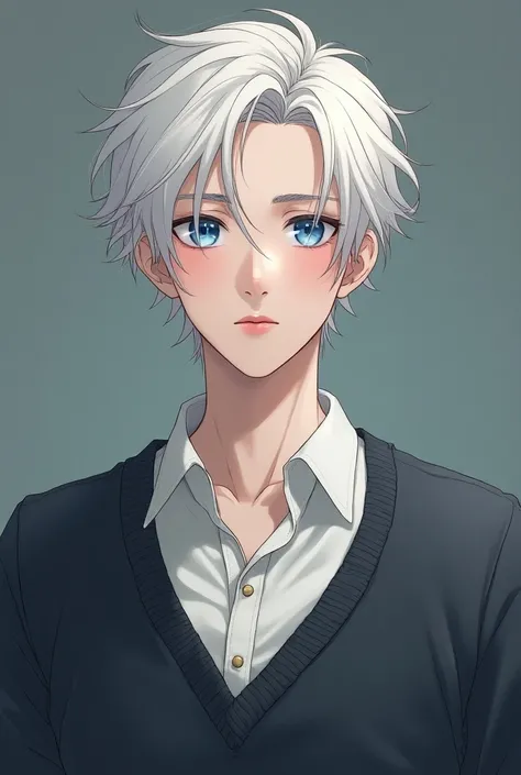  20-year-old boy with   white hair and Blue eyes,  elegant clothes    ,jacket ,   white shirt   ,   In a photo shoot   ,   full body wool sweater  ,Anime Art, blush, shy, Serious, periphery,  Blue eyes ,    white hair 