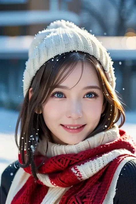 12ｋ、ｈｄｒ、age 30、 (  black sweater),(( red knitted scarf  )), (realistic,  photorealistic  :1.4), masterpiece,  very delicate and ...