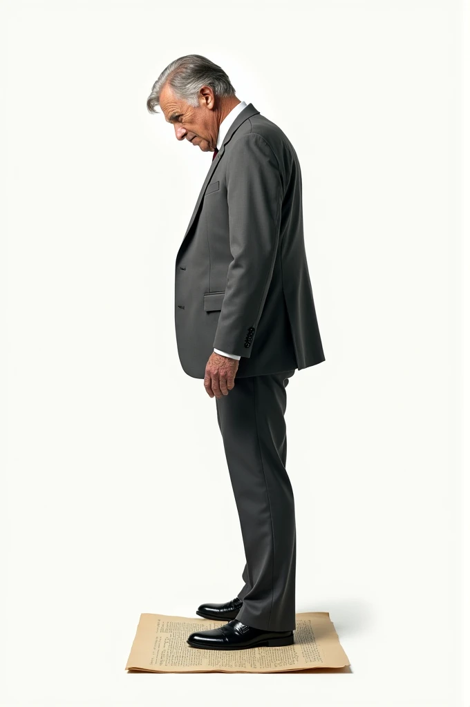 Man in a gray suit standing in profile peeing on a document that is on the floor. white background 