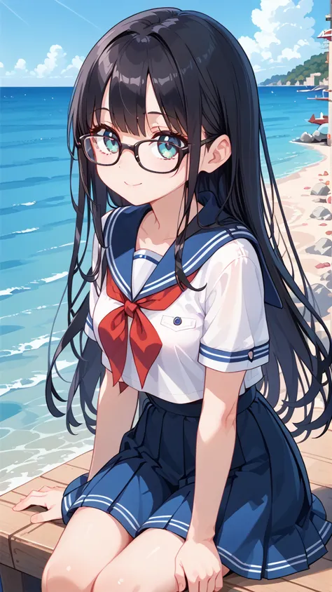 1 girl, black hair, long hair,glasses, sailor suit,sea,wharf,sit,beautiful autumn sunshine,   down in high resolution  , 最高quali...