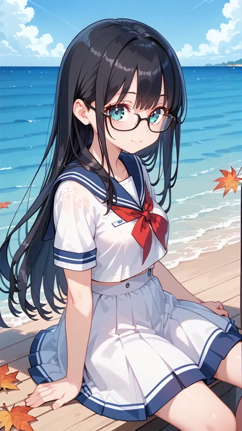  1 girl, Black Hair, long hair,Glasses, sailor suit,sea,Wharf,sit,beautiful autumn sunshine,   down in high resolution  , 最高quality, Accurate, 高quality, quality,    very detailed,
