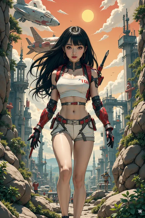 ((best quality)), ((masterpiece)), (detailed), perfect face of cyberpunk mecha japanese girl, surreal, art nouveau, in the illustrative style of moebius, spaceships, aliens, fantasy, sci-fi, graphic novel, line drawing, french retro,
