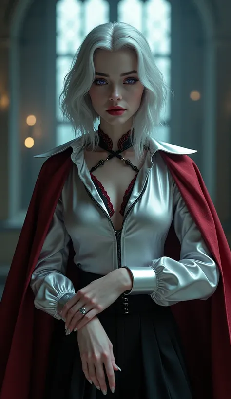 a beautiful 25-year-old British vampire woman of royal blood with beautiful short straight silver hair in Gothic style, dark purple pupils shining, pale skin, 1 size female breast, full height 1.99 meters, dressed in a silver shirt with red decorative lini...