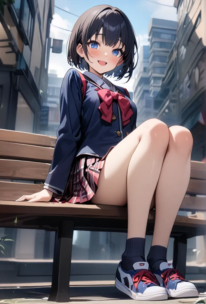 (((japanese jk uniform, navy blue blazer , navy blue plaid pleated miniskirt,dark blue short socks,))), full body、masterpiece, b...