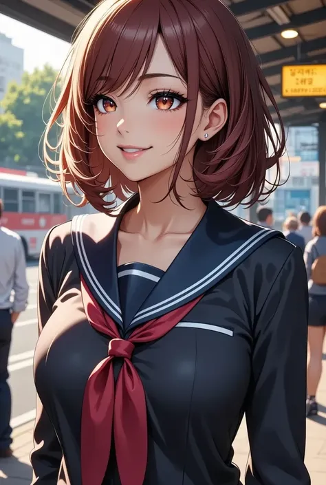 Young high school girl waiting at the bus stop,  intricate detail ,  beautiful detailed eyes,  beautiful detailed lips ,  extremely elaborate faces and eyes ,  Long eyelashes,  School Uniform,  Standing Pose , Realistic, photoRealistic, photo-Realistic, Be...