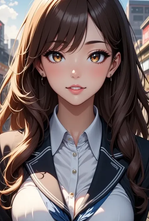 Young high school girl waiting at the bus stop,  intricate detail ,  beautiful detailed eyes,  beautiful detailed lips ,  extremely elaborate faces and eyes ,  Long eyelashes,  School Uniform,  Standing Pose , Realistic, photoRealistic, photo-Realistic, Be...