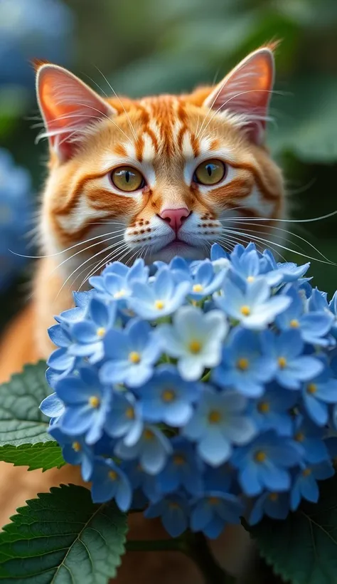 A cat that combines a cat and a hydrangea