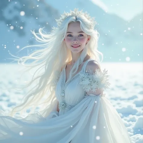 A vast snowy field, Goddess of the Eyes, high resolution, Beautiful Snow Maiden, Flower of the eye,  Snow flurries are fluttering, 8k, happy smile