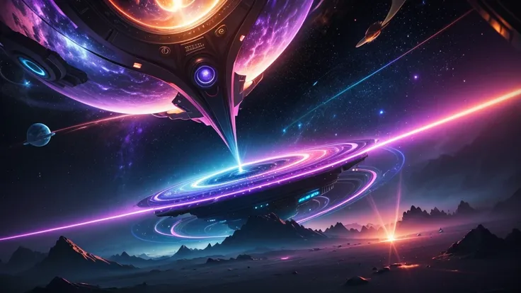 HD sci-fi time travel image featuring a dynamic space-time vortex with clock elements. a vibrant sci-fi image depicting warp speed, with dynamic streams of purple and blue light bursting outward, creating an energetic and immersive 4K Ultra HD background. ...