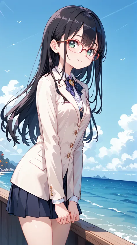 1 girl, black hair, long hair,glasses,blazers,sea,wharf,sit,beautiful autumn sunshine,   down in high resolution  , 最高quality, a...