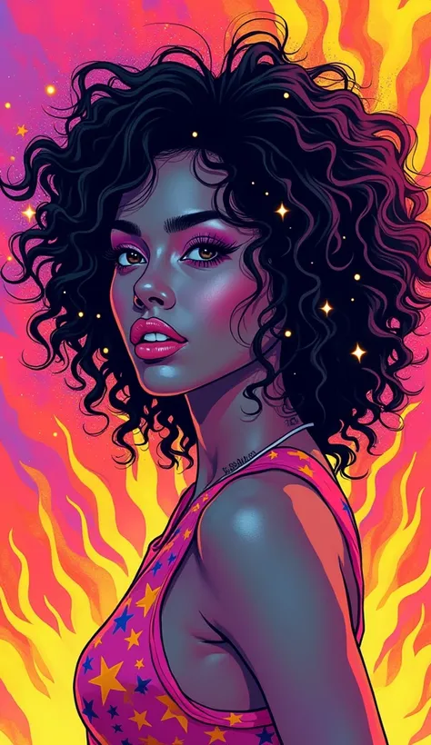 Magical 80s Pop Art Illustration**
Create a vibrant pop art illustration that radiates energy and excitement. Center the composition around a captivating figure with a bold expression, exuding confidence and charisma. 
### Key Elements:
- **Style**: Embrac...