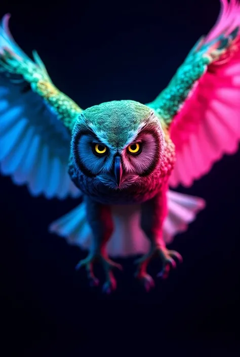 Angry neon colorful owl flying toward the screen