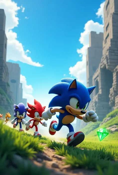 Sonic running with green diamond and his three friends running against blue sky blue background and ruins and green grass, All running to the right 