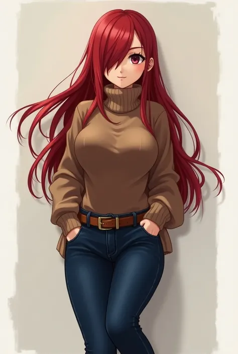  Beautiful girl in dark blue jeans,anime,short blanco,very long red hair, hair over one eye ,brown boot ,Showing butt and chest sizes of 70km, full body wool sweater, brown belt ,brown boots,Big butts