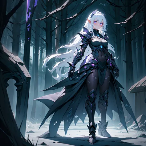 ((masterpiece, best quality, 16k)), ((full body)), (1girl), a mysterious demonic elf with flowing white hair and deep purple eye...