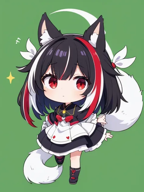 bob hair, hime cut, black hair, ((highlights hair, white streaked hair))red eyes, fox ears, full body, light green background