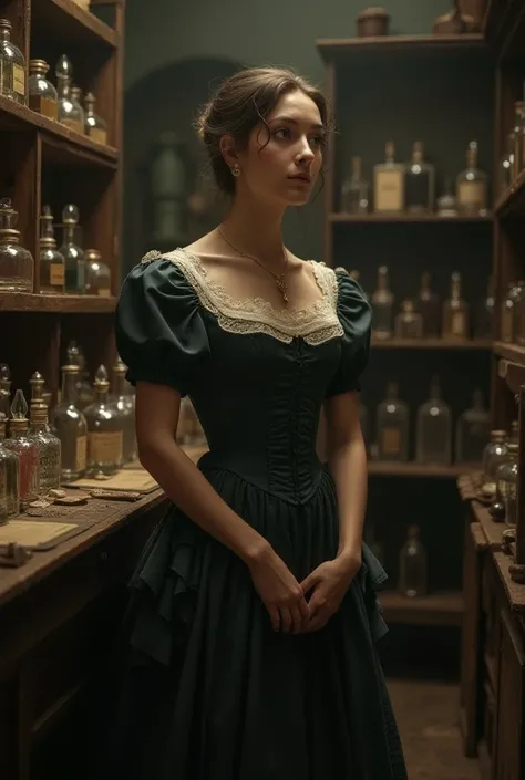 A girl in a Victorian outfit in an old dark perfume workshop surrounded by bottles of ancient perfumes 