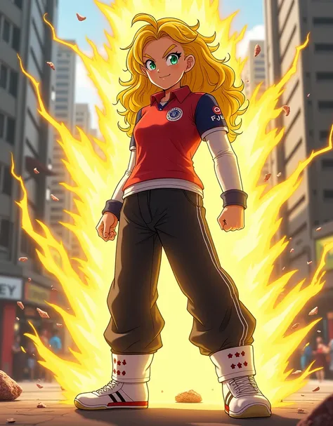 Fernanda has reached an even more powerful form, her yellow energy aura now filled with blue lightning that crackles around her, further highlighting her impressive transformation. She is at the height of her power.
 She wears a distinct polo shirt :
- ** ...