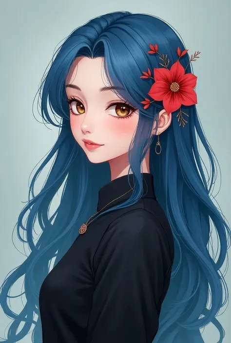 woman, about twenty-three years old, blue long hair, brown eyes, tall, black clothes, red flower in her hair, kind, smiling