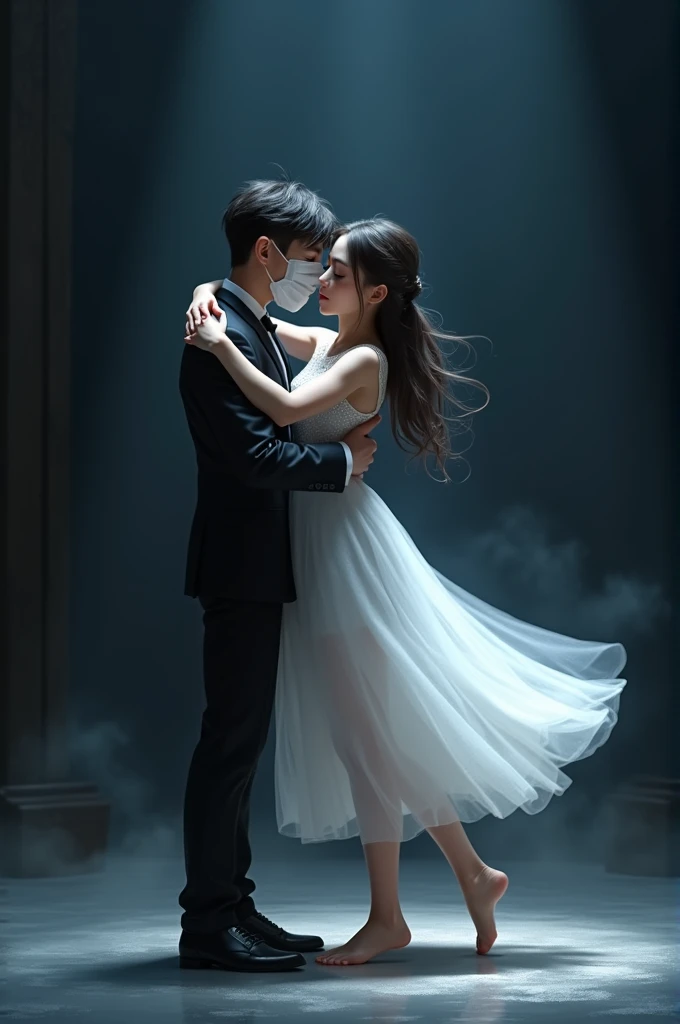  A well-dressed boy wearing a white mask ,  dances with a pretty girl in a white dress and barefoot,
 The background of the stage is dark , The two dance in love 