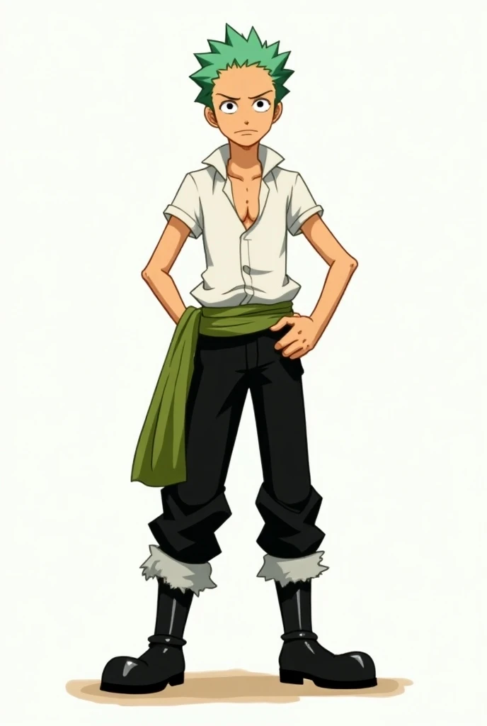 Roronoa zoro wearing black pants tucked into black boots, a simple white shirt with three buttons undone at the collar, and his green haramaki in disney style 