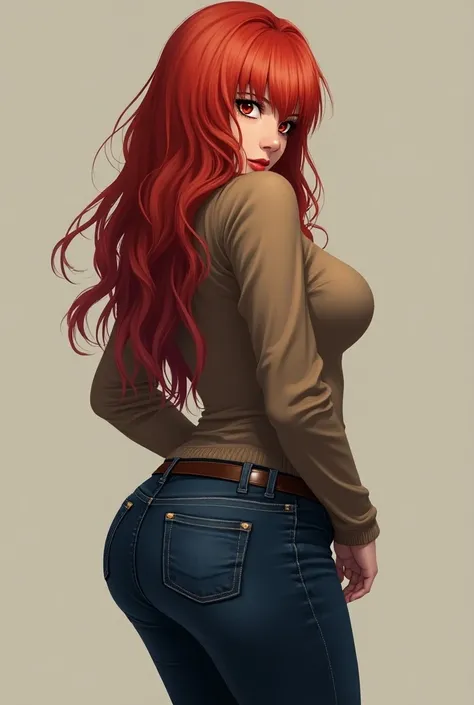  Beautiful girl in dark blue jeans,anime,short blanco,very long red hair, hair over one eye ,brown boot , showing butt sizes of 70km, full body wool sweater, brown belt ,brown boots,Big butt showing 