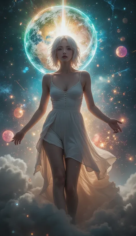 (masterpiece, best quality:1.2), (Super detailed),(Enlightenment), wallpaper, The original,
1 girl, messy white hair, spaghetti straps, white dress, bare legs, barefoot, arm, space, Earth background, Low Earth orbit, full body lesbian,
,(Surrounded by colo...