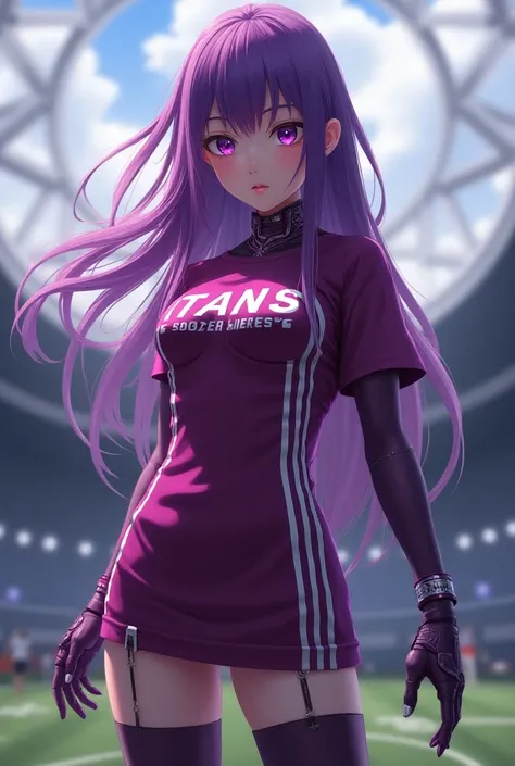 Beautiful tall white girl with big buttocks and very buluptuous eyes and long purple hair with dark pink t-shirt and very futuristic transformer style with stripes and with white and that says titans soccer jerseys with a soccer ball anime soccer field