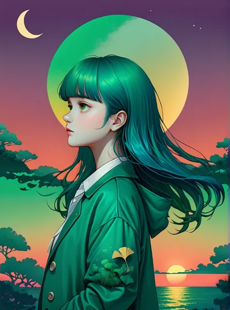 1girl, bangs, sea-green jacket, blue hair, crescent moon, evening, ginkgo leaf, gradient, gradient background, gradient sky, jacket, long hair, moon, spring-green background, violet sky, shirt, solo, sunset, twilight, upper body, white shirt, yellow backgr...