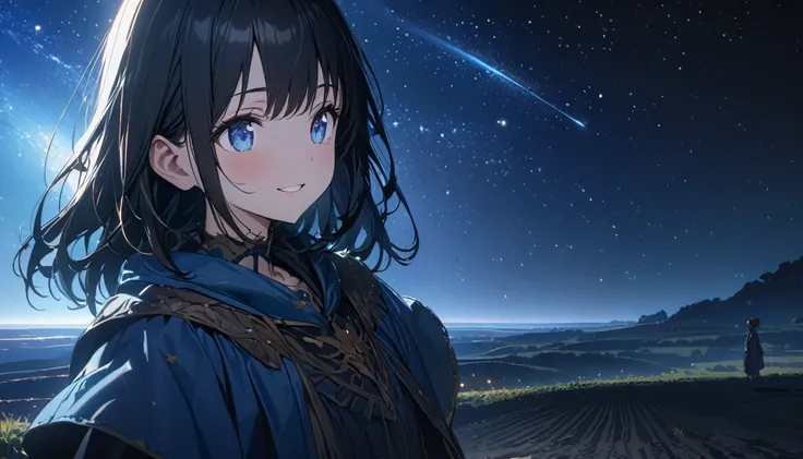 ((ultra-detailed))/(one women with short black hair and bob hair.、beautiful blue eyes,.、smile、gentle smile on her face、flat chest, one Beautiful girl,((masterpiece, illustration, best quality) ((ultra-detailed))/)Masterpiece,standing on a empty field and s...