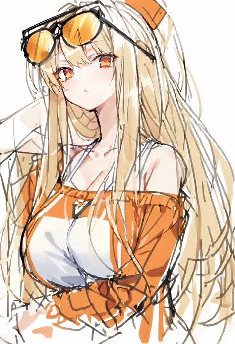 (sketch), (close), (), ( pink cheeks), (big tits), (Marubuchi sunglasses orange),Blonde, ( long hair:1.4), ( orange eyes ), (Big Hair) , (fringe),(off-shoulder), (jersey),(strand),  (model pose), (White background),