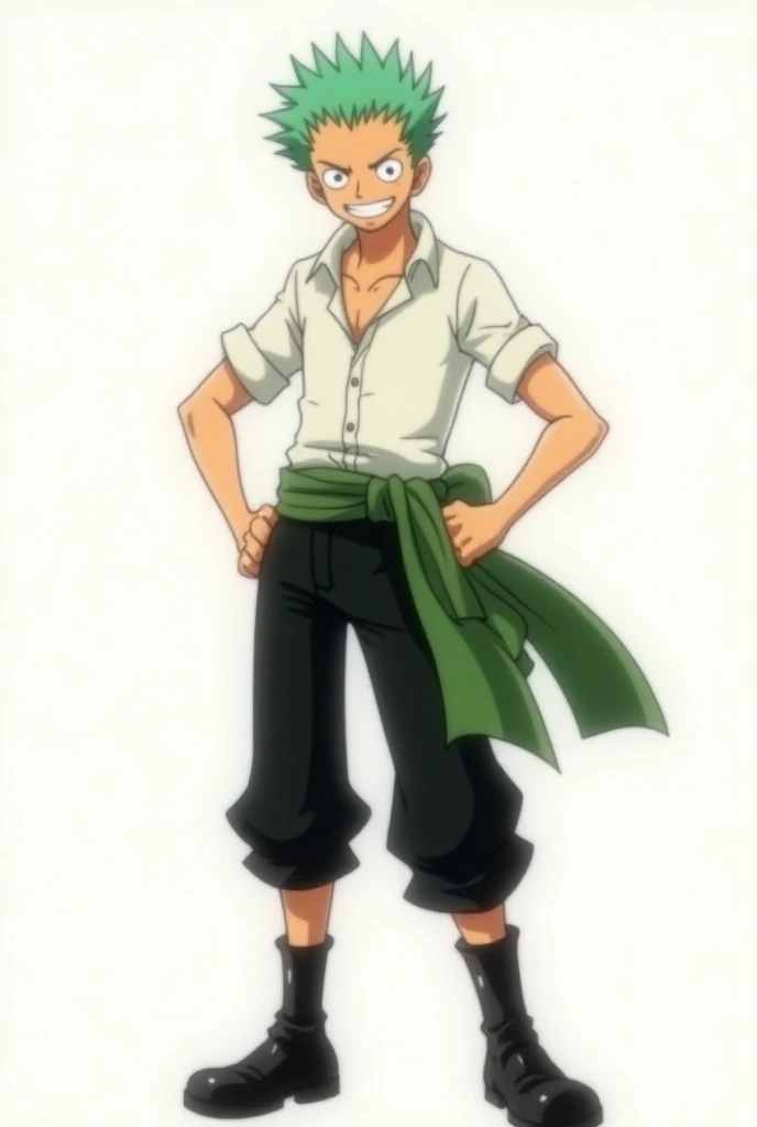 Roronoa zoro wearing black pants tucked into black boots, a simple white shirt with three buttons undone at the collar, and his green haramaki in disney style 