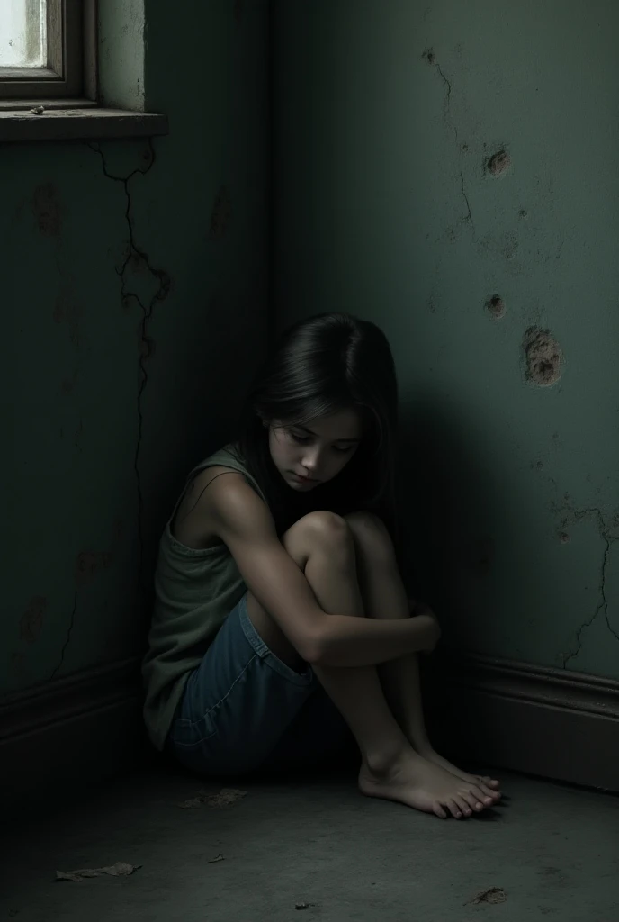 A young girl was cowering in the corner of a dark cracked room and lying in fear, with unrecognizable shadows moving here and there in front of her surroundings.