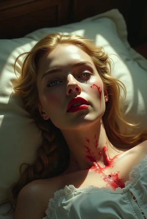 A beautiful head of a woman with blond hair with braid and blue eyes and red lipstick was cut off by her girlfriend and the eyes of her head are open and the mouth is straight and the head is lying on a pillow and the face is illuminated by the sun 