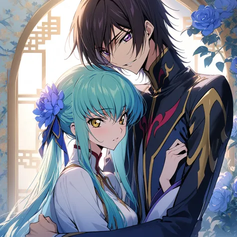 One man and one woman，Love Head，masterpiece,,The male is 1boy, male focus, lelouch vi britannia, Code Geass，The female is 1girl, c.c., Code Geass，very beautiful,Chinese Style,,Oriental Wallpaper,flower,Blue tint,Natural Light,Soft lighting，White background...