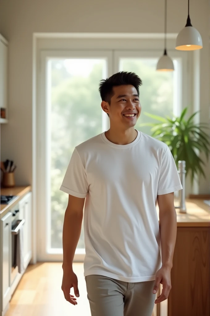 an Indonesian young man dressed in a white t-shirt walks towards the kitchen, the atmosphere in the room