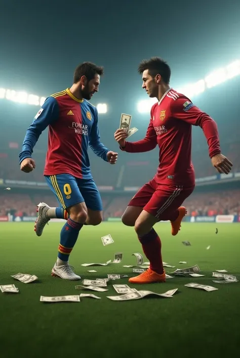 Generate a hyper - realistic image of Messi wearing his team football jersey Ronaldo snatching his money and run Messi Ronaldo 
