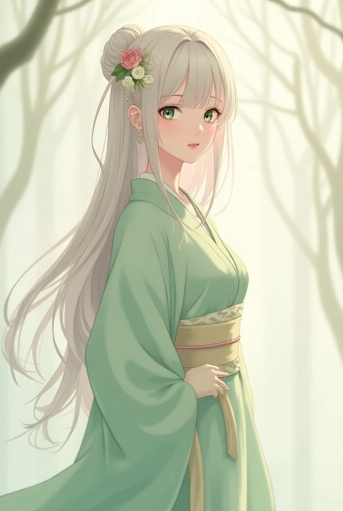 Beautiful anime woman with pale skin, mint-green eyes framed by long eyelashes, full pink lips and long, smooth platinum-blonde hair. She has a curvaceous and slender figure with noticeably large breasts. She wore a pale-green medium-lengthed hōmongi kimon...