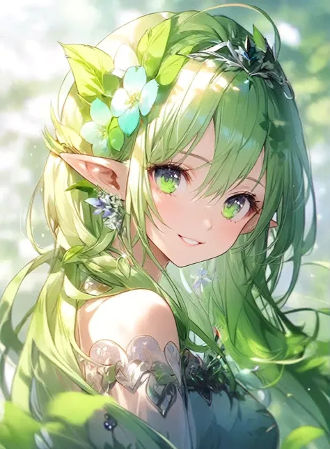 anime, a green-haired girl with flowers adorning her hair, purple eyes,elf girl, elf girl wearing an flower suit, elf princess, ...