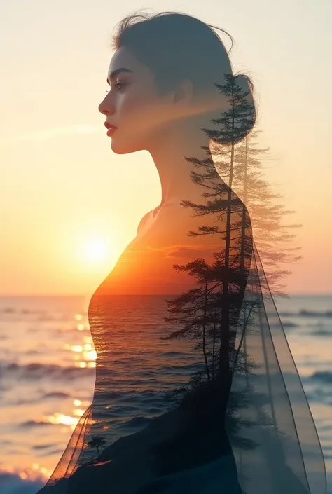  high quality,  8k Ultra HD , Uma linda double exposure que combina uma silhueta de deusa com costa ao pôr do sol,  the coast at sunset should serve as a backdrop ,  with their details incorporated into the goddess , sharp lines, The background is monochro...