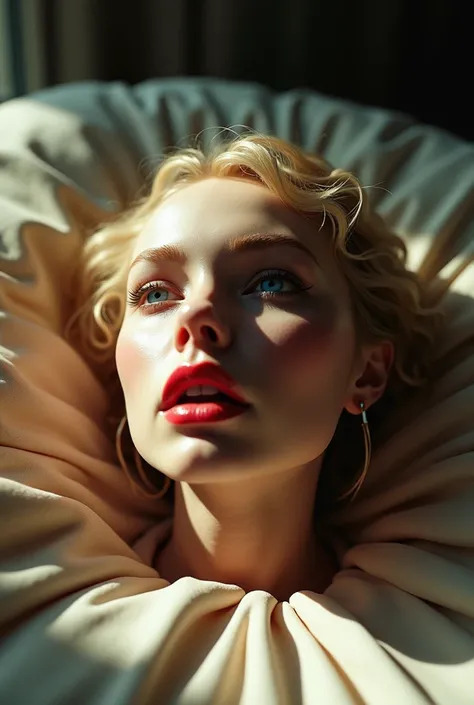 A beautiful head of a woman with blond hair with braid and blue eyes and red lipstick was cut off by her girlfriend and the eyes of her head are open and the mouth is straight and the head is lying on a pillow and the face is illuminated by the sun and the...