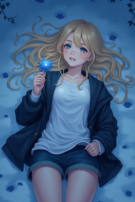 (( best quality )), ((masterpiece)), ( in detail), 1 girl, Girl 17 years old,  blond hair, hair in the snow ,  blue eyes , loose clothing,  a white shirt , dark jacket , bare legs,  lies on the snow , one flower , the flower glows blue, flower in hand , bl...