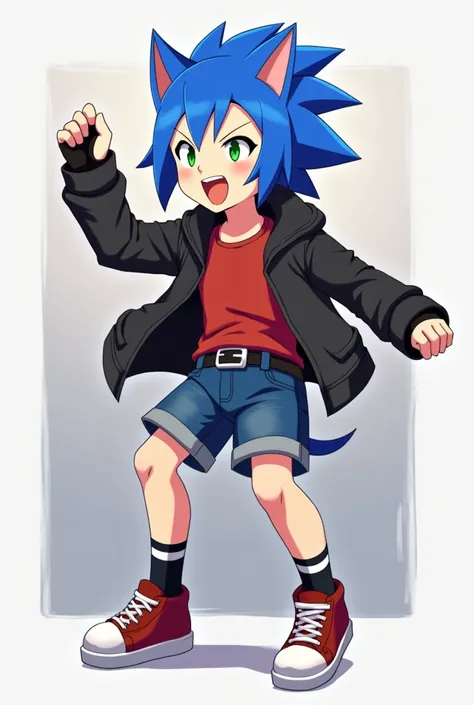 19-year-old anime boy , with hedgehog ears , blue hair,  green-eyed, red shirt, Black sweatshirt, with sleeves, black belt, blue shorts,  black and white socks , red shoes, black and white gloves , without syrup