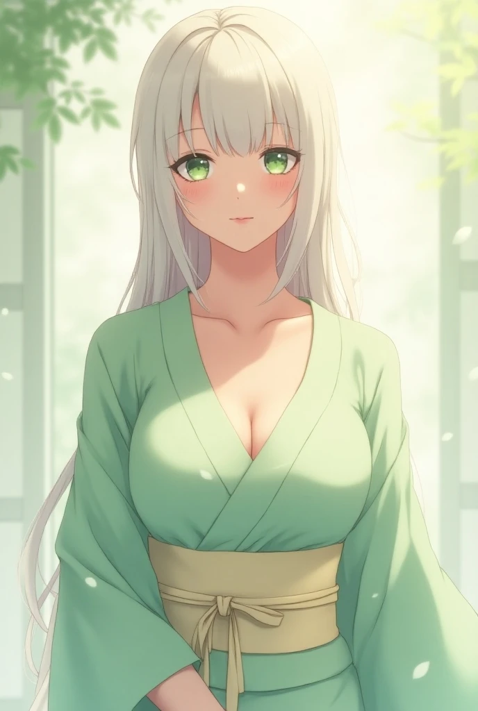 Beautiful anime woman with pale skin, mint-green eyes framed by long eyelashes, full pink lips and long, smooth platinum-blonde hair. She has a curvaceous and slender figure with noticeably large breasts. She wore a pale-green medium-lengthed hōmongi kimon...