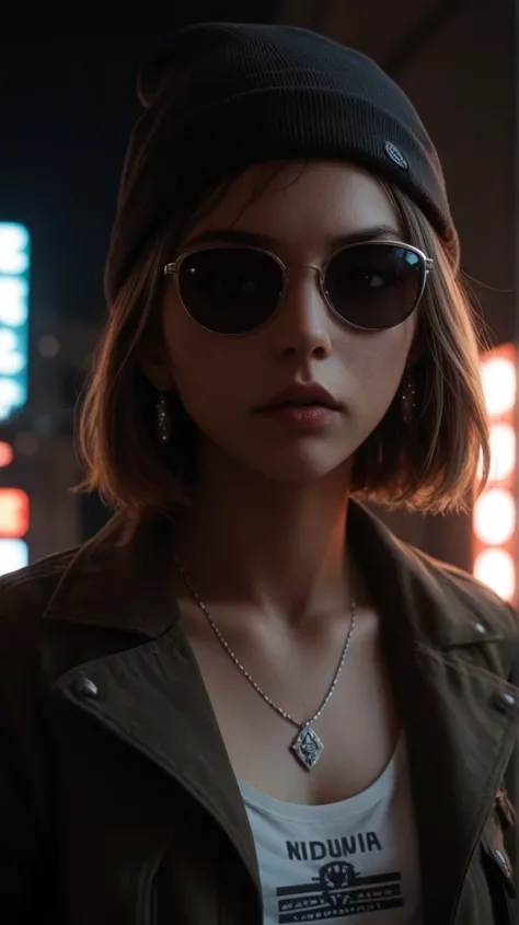 Close-up face 、 alternative girl 、 looking through black sunglasses 、 jacket、 necklace 、 neon light reflecting on the skin 、 earrings for a woman alone、Makeup、Skin imperfections、 short hair、Beanie、Neon Light Background、Low lighting、 faces with a depth of w...