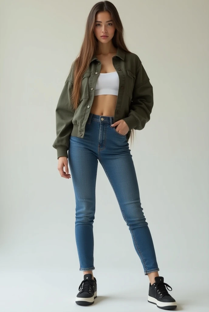 Skinny 21 year old woman wearing big breasted jeans without a blouse Air Jordan sneakers with long brown straight hair