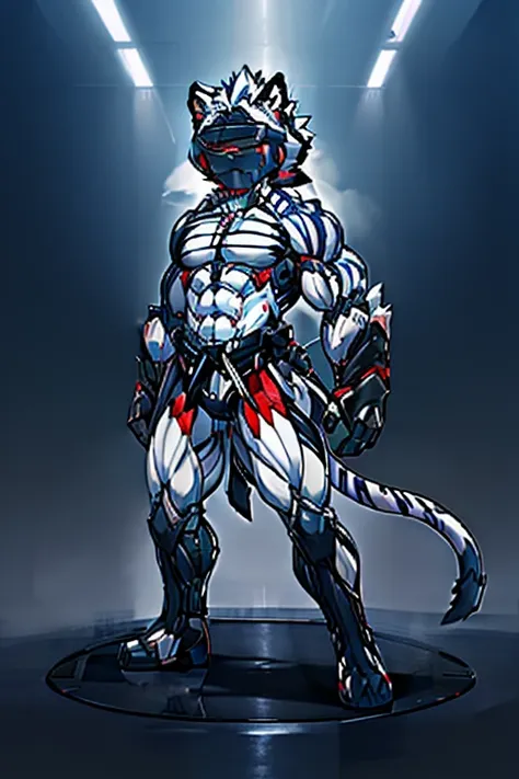 kogenta (onmyou taisenki), a furry white tiger ,shota,(moderately strong body),1 white tiger wearing a furry nano-suit , mechani...