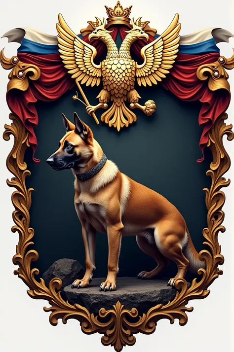 Create a logo in the form of a coat of arms with the image of a Malinois and written on the top of the RUSSIO coat of arms 