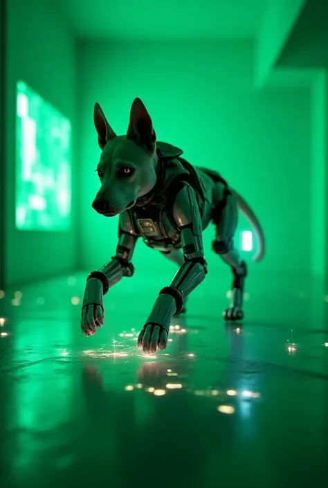 Dog cyborg play game in the room green neon
